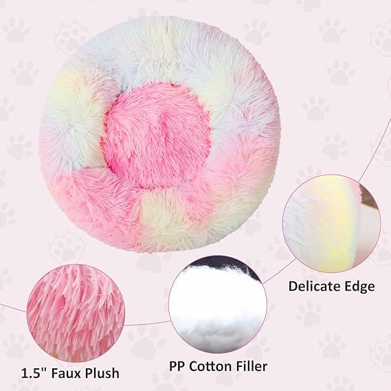 Image of ZEXSAZONE Round Donut Pet Bed for Cats and Puppies Dogs Mat, Cozy and Plush, Raised Bedside Support, Both Sides Use Like 2 in One, Washable, Sizes for Small, Medium, and Large Pets. (Rainbow, Medium)