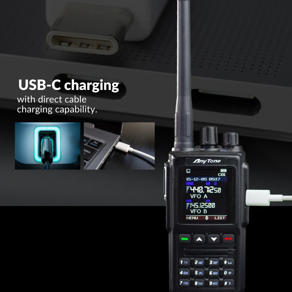 AnyTone AT-D168UV radio with USB-C charging cable connected