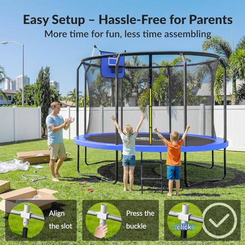 Image of ACWARM HOME Trampoline Outdoor 8FT 10FT 12FT 14FT 15FT 16FT Trampoline with Basketball Hoop and LED Lights, Recreational Trampolines for Kids and Adults with Enclosure Net & Ladder, ASTM Approved