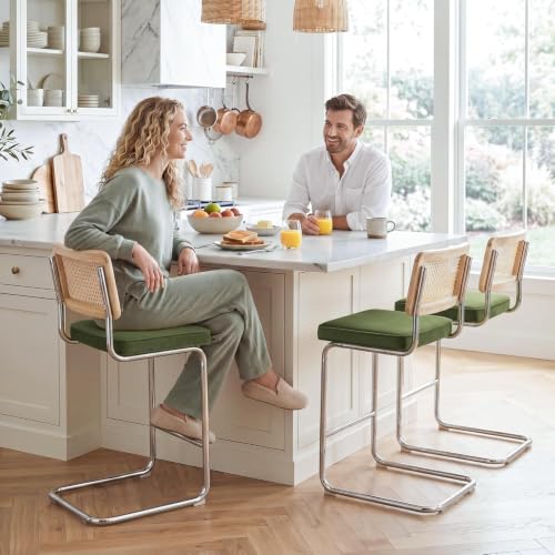 Image of Zesthouse Natural Rattan Bar Stools Set of 2, Modern Boho Bar Height Stools | 30 inch Mid Century Modern Barstools with Solid Wood Back & Cane Mesh, Vintage Velvet Fabric Barstools with Chrome Base, Green