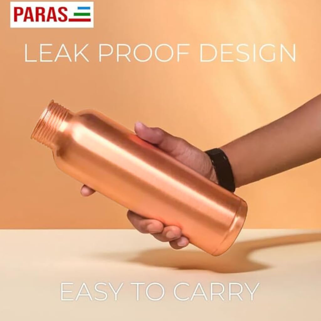 PARAS 34 Oz Handcrafted Smooth Pure Copper Water Bottle | 100% Pure Copper | Leak-Proof Ayurvedic Bottle for Health, Yoga, Office & Daily Hydration With Cleaning Brush & Carry Bag (Smooth)