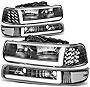 4PCS LED DRL Headlights Assembly and Bumper Lamps Compatible with Chevy Silverado Suburban 1500 2500 3500 Tahoe 99-06, Driver and Passenger Side, Black Housing Clear Corner