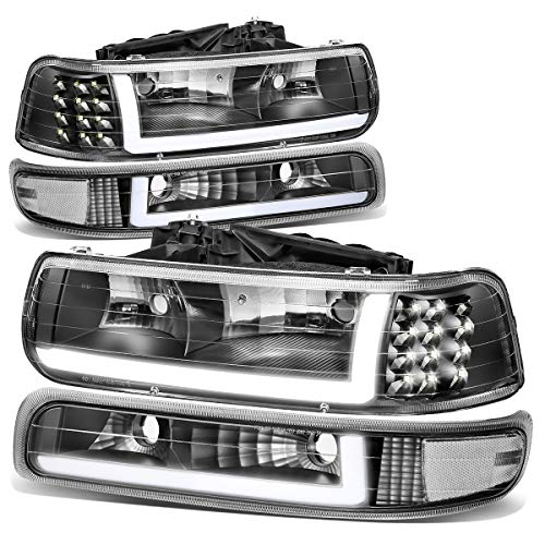4PCS LED DRL Headlights Assembly and Bumper Lamps Compatible with Chevy Silverado Suburban 1500 2500 3500 Tahoe 99-06, Driver and Passenger Side, Black Housing Clear Corner