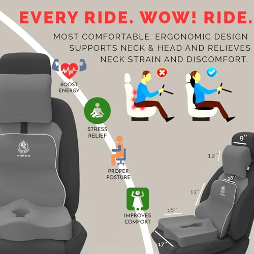 Image of MRRON Memory Foam Posture Corrector Car Seat Cushions Combo | Orthopedic Backrest, Coccyx Cushion & Neckrest | Ergonomic Lumbar Comfort Seat Cushion | Reduces Sciatica, (Grey, Long Back)