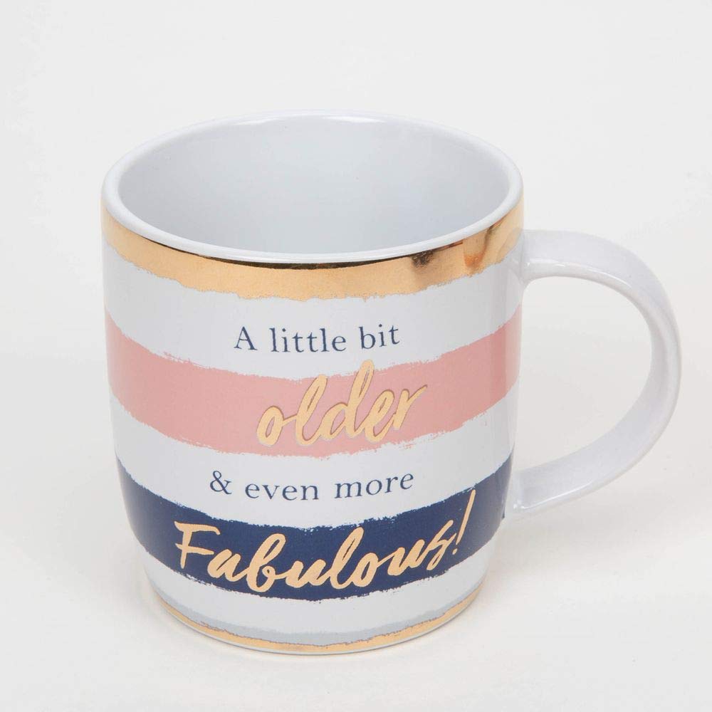 A Little BIT Older & Even More Fabulous Pink, White, Navy Blue & Rose Gold Striped Stoneware Mug