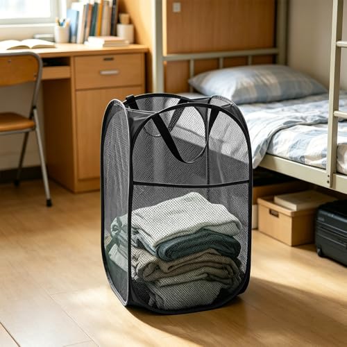 Image of Larpur Popup Mesh Laundry Basket, Collapsible and Portable Clothes Washing Laundry Hamper with Reinforced Carry Handle (Black 2pcs)