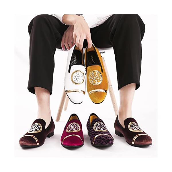 XQWFH Mens Rhinestone Loafers Velvet Tuxedo Dress Shoes with Gold Plate Smoking Slippers Slip-On Penny Party Wedding Casual Shoes, Purple, 12 - Image 8