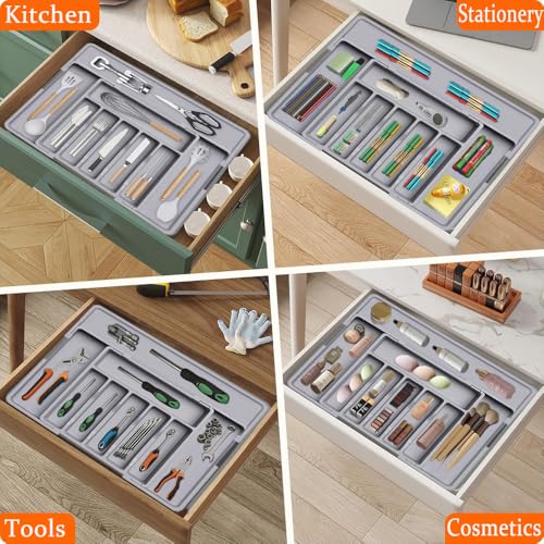 Wnddle Cutlery Tray for Drawer, Cutlery Rack, Extendable Utensil Tray for Drawer, Compact Plastic Cutlery Storage for Kitchen, Cutlery and Spoons (Grey) - Image 6