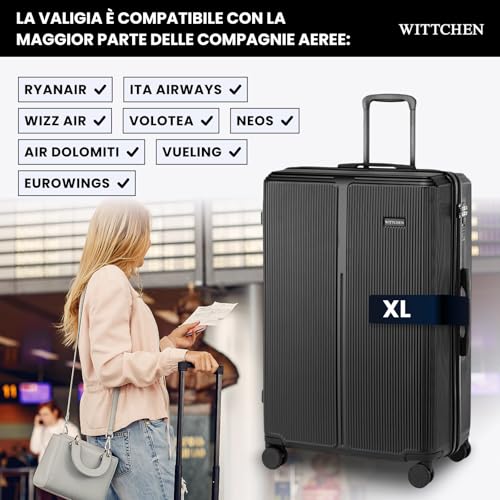 Wittchen Stripes Line Valigia Grande (Xl) | 76,5 × 50 × 29 Cm (96 L), Abs Rigido, 4 Ruote 360° E Lucchetto A Combinazione | Trolley Grande Formato Xl, Ryanair/Ita Airways - Colore: Nero - 5