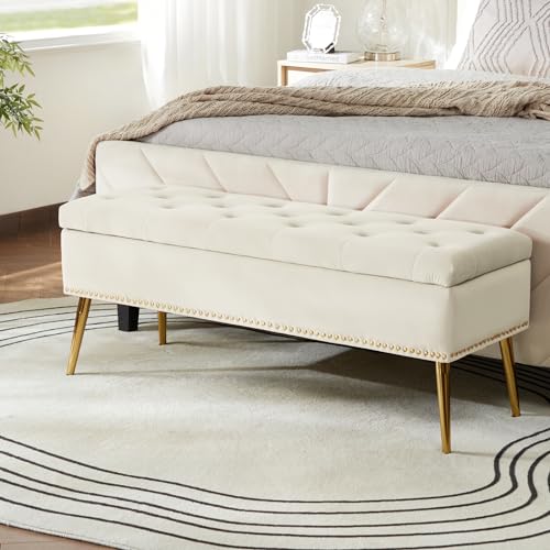 HULALA HOME Banc de Rangement Moderne en Velours avec Base dorée et Garniture cloutée, Banc de Chambre rembourré pour Bout de lit, Repose-Pieds capitonné pour entrée, Salon, Salle à Manger,Blanc
