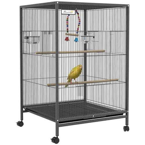 PawHut Cage à Oiseau sur Pied Cage sur roulettes avec balançoire, perchoirs, Portes, Bols et Plateau Coulissant, volière pour pinsons canaris inséparables, perruches...