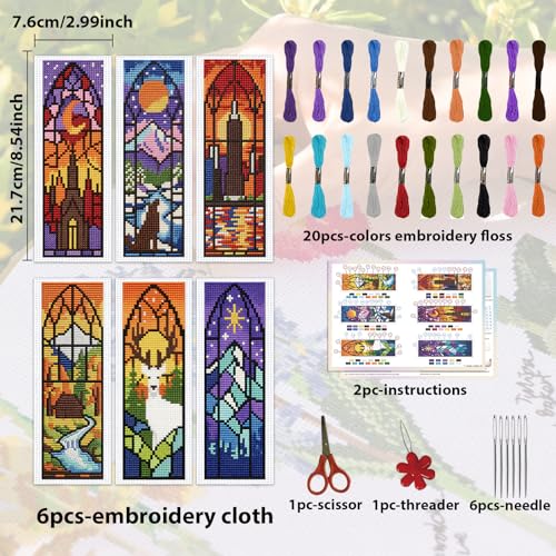 Image of ACRNIGHEET 6PCS Cross Stitch Kits Stamped Cross Stitch Bookmark Kit for Beginner Adults Window View DIY Embroidery Bookmark Kit Needlepoint Kits with Instructions Book Lovers Craft Gift 8.5''x3'' 11CT