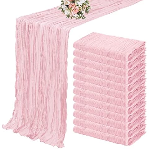 12 Pack Cheesecloth Table Runner 35 x 120 inch Long Boho Cheese Cloth Gauze Table Runners Semi Sheer Table Runner for Wedding Decor, Bridal Shower, Birthday Party (Light Pink) Cover