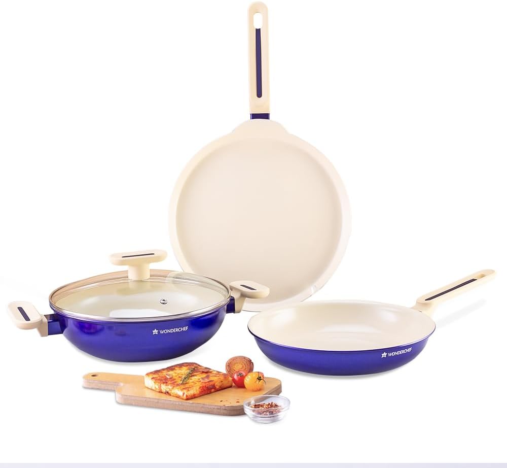 Wonderchef Bellagio Ceramic Non-Stick 4 pc Cookware Set, Kadhai with Lid, Fry Pan & Dosa Tawa, Electric Blue, 2 Years Warranty
