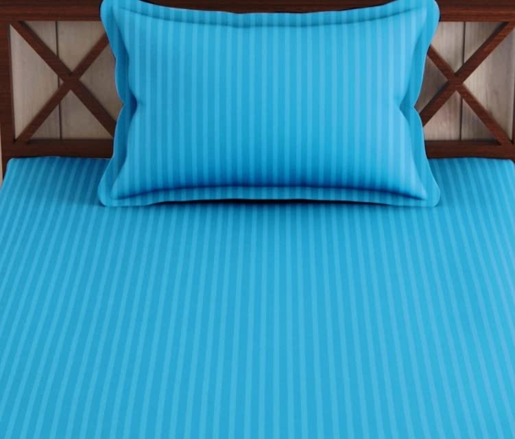 Image of Trance Home Linen 100% Cotton 72X36 Inch Single Fitted 200TC Satin Stripe Elastic Fitted Bedsheet|Single Bed Size Daily Use Fitted Bedspread With 1 Pillow Covers(72 inchX36 inch|6X3 Feet ,Aqua Turquoise Blue)