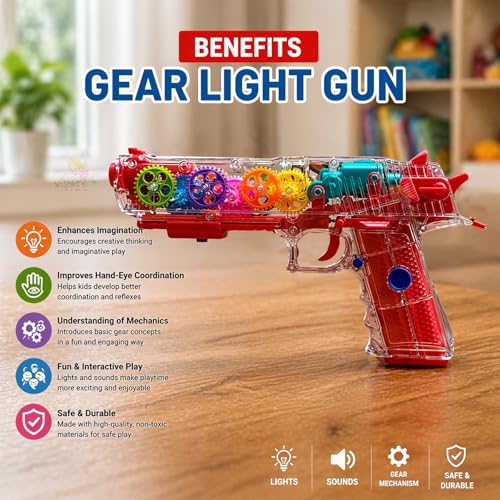 Image of WISHKEY Plastic Gear Simulation Toy Gun for Kids, Pretend Play Gun Toys with Flashing Lights and Exciting Music, Electric Laser Toy Guns with Rotating Gear Mechanism, Red, 3+ Years (Pack of 1)