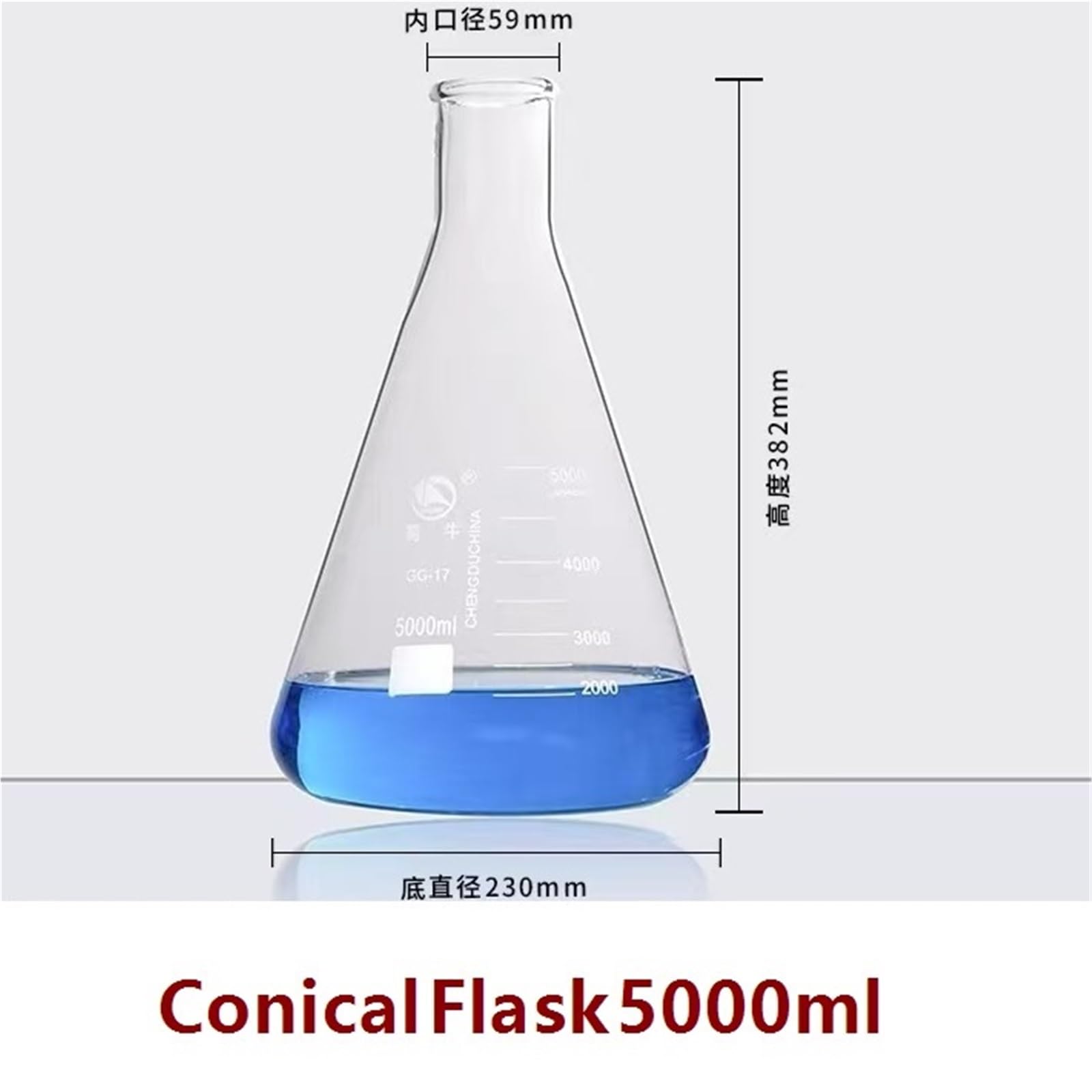 Matraz cónico de vidrio Erlenmeyer de vidrio de alto borosilicato de gran calibre 50 ml/100 ml/150 ml/200 ml/250 ml/500 ml/1000 ml/2000 ml/3000 ml/5000 ml/10000 ml, 1/PK(5000ml)