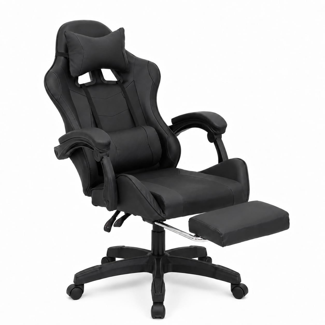 GARDENIA Poltrona Gaming Nera in Ecopelle, Sedia da Gaming Ergonomica con Seduta Imbottita, Schienale Reclinabile, Poggiapiedi Estraibile, Cuscino Lombare e Ruote in Nylon
