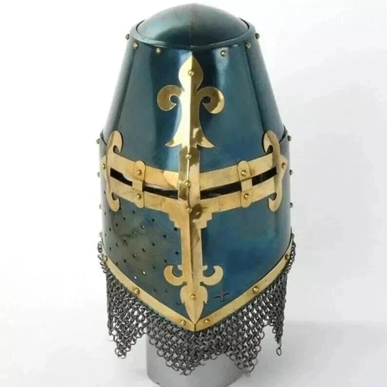 Medieval Crusader Knight Helmet with Chainmail & Brass Accents | Steel & Brass Construction, Fleur-de-Lis Design, Adult Unisex, Wipe Clean Care, Costume Party Use