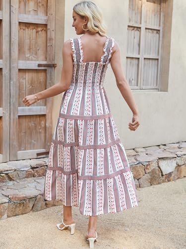 Image of Caracilia Womens Summer Maxi Dresses Floral Smocked Sleeveless Ruffle Boho Casual Flowy Aline Beach Vacation Long Sundress