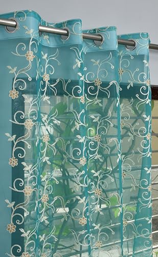 Image of Fabrilia Floral Pattern Embroidery Tissue Net Sheer Transparent Grommet Curtains for Door 7 Feet Long Set of 2, Teal Blue