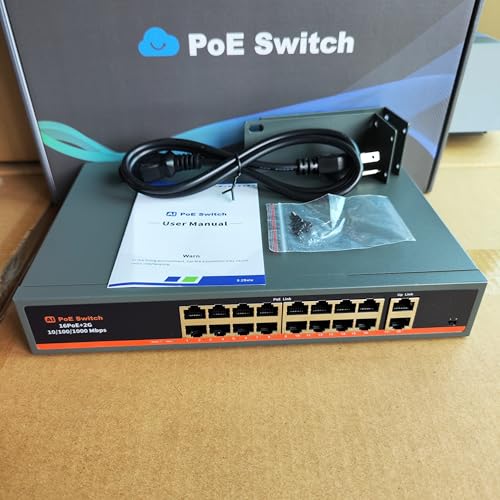 Image of 18 Port Unmanaged PoE+ Switch, 16 POE+ Ports & 2 Gigabit Uplink Ports, IEEE 802.3af /at Compliant, Up to 250W Power, 250m Extended Distance, Metal Design, Plug & Play
