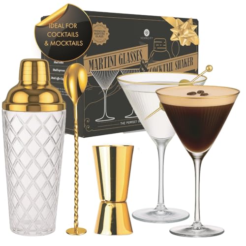 VEMACITY Cocktail Shaker Set + 2 Goldrand Klassiche Martini Gläser, Zubehör – Ansicht 1