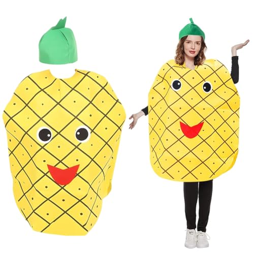 SYTTNUM Déguisement Amusant de Fruits, Costume de Ananas pour Adultes, Costume amusant de costumade avec tenue chapeau de feuille verte, pour Halloween,cosplay et événements habillés