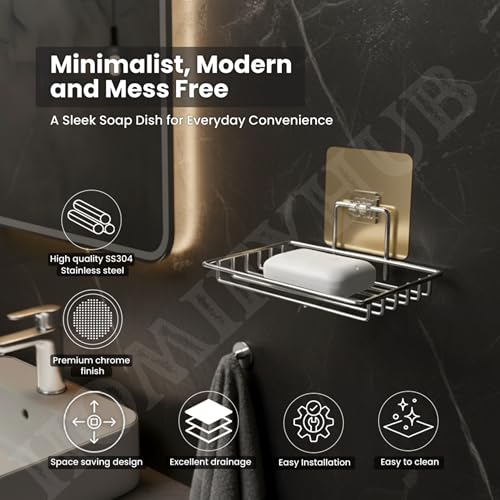 Image of Stainless Steel Soap Holder for Bathroom Stickable | Single Layer Wall Mounted Soap Dish Holder | Self Adhesive No Drill Waterproof Soap Tray | Bathroom Accessories (Set of 3)