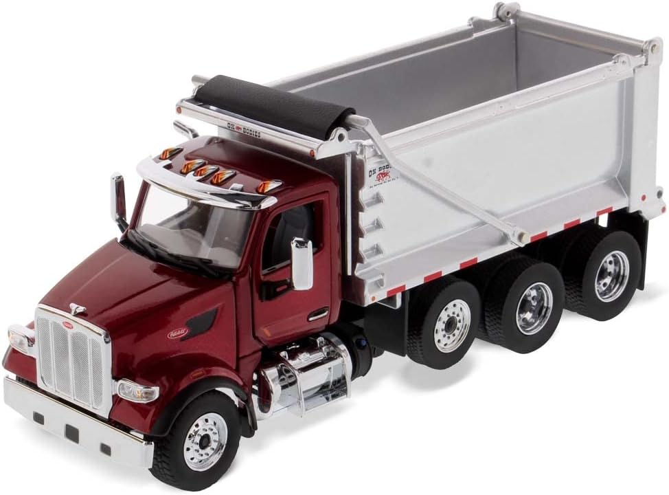 Peterbilt Model 567 Dump Truck - Metallic Red | Tandem with Pusher Axle PACCAR Engine, Ox Bodies Stampede Cab 1:50 Scale Semi Trucks 71077