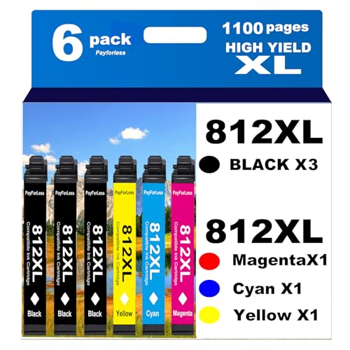 812XL Remanufactured for Epson 812XL Ink cartridges Combo Pack 812 XL T812 for Workforce Pro WF-7840 WF-7820 WF-7310 EC-C7000 Printer 6 Pack 3 Black 1 Cyan 1 Magenta 1 Yellow