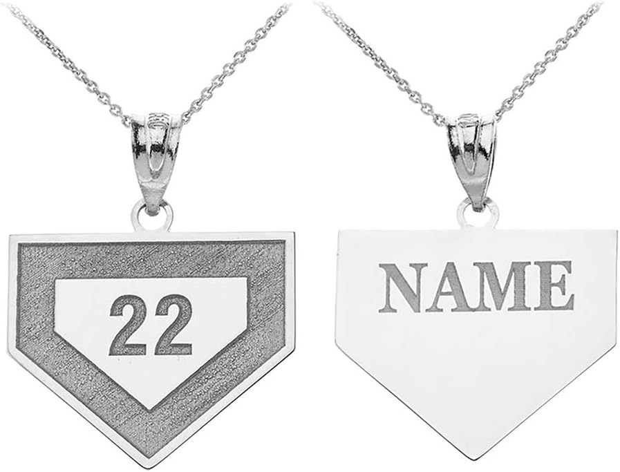Claddagh Gold 925 Sterling Silver Customized Sports Home Plate Baseball Base Necklace with Your Name and Number