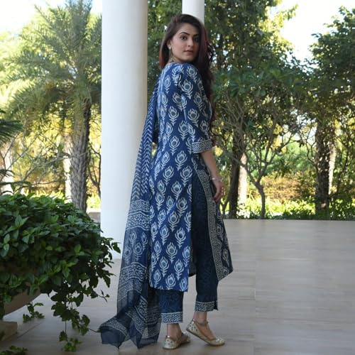Image of Indigo Blue Printed Cotton Kurta Set with Dupatta, Ethnic Indian Wear