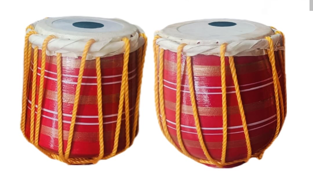 Kids Tabla Set, Traditional Indian Musical Drums, Red with Yellow Rope, 2 Pieces - Image 3 thumbnail