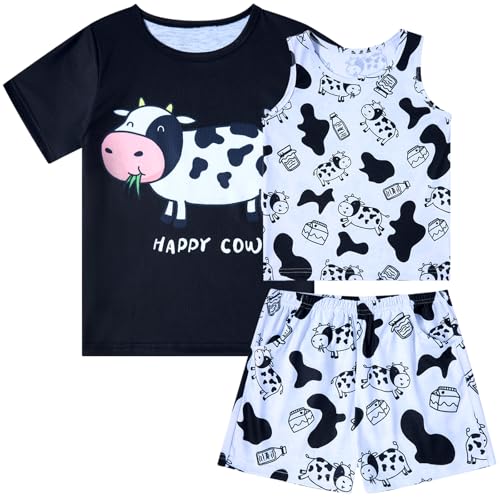 uideazone Girls Pajamas 3 Pieces Set Shirts&Tank Shorts Pjs Sets Cute Sleepwear Size 5-14