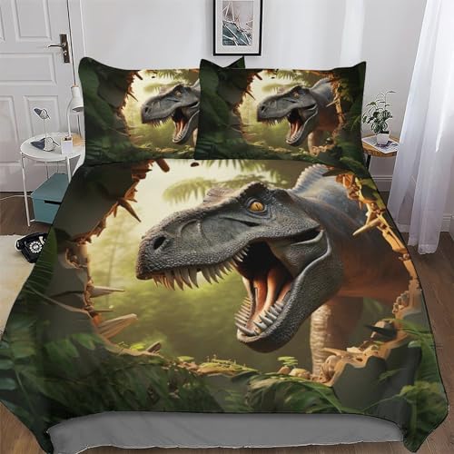 LCWWW Ropa de cama de 2 piezas, diseño de dinosaurios, funda nórdica para niñas y niños, microfibra, funda nórdica con fundas de almohada, individual (135 x 200 cm)
