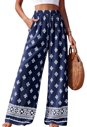 Image of PRETTYGARDEN Womens Pants Elastic Waist Striped Lightweight Palazzo Pant