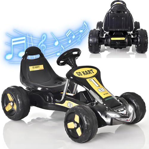 BEUDUOQI 6V 4.5Ah Electric Go Kart, Electric Pedal Ride On Toy with Adjustable Seat, Non-Slip Tires, Lights, Indoor/Outdoor 4 Wheel Electri Go Cart for Boy Girl,Black