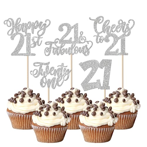 SYKYCTCY 30 Pack 21st Birthday Cupcake Toppers Glitter Twenty-one Cheers to 21 Fabulous Cupcake Picks Happy 21st Birthday Cupcake Decorations Anniversary Party Supplies Silver