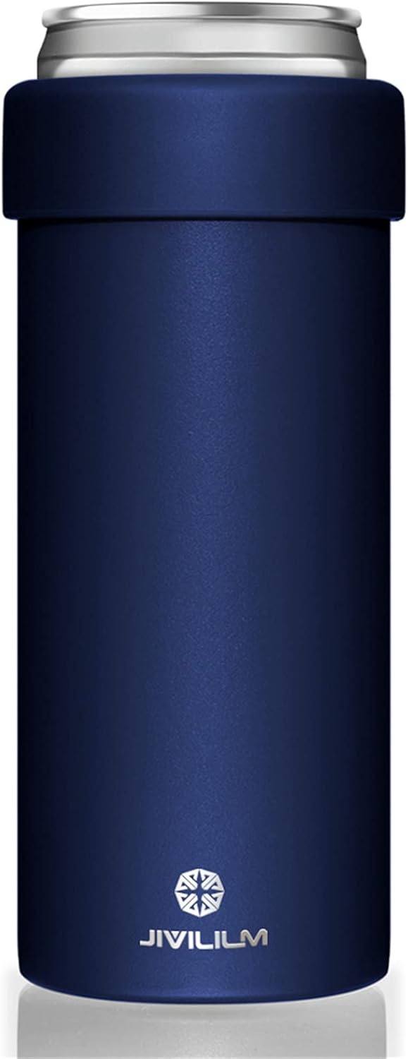 JIVILILM Stainless Steel Insulated Cooler for 12oz Slim Cans | Skinny Can Drinks Holder for Hard Seltzer, Beer, Soda, and Energy Drinks (Navy Blue)