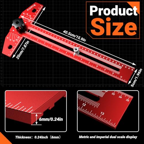 Preciva 13” Carpenter Square Ruler (1/16" Scale) - Foldable Aluminum Alloy T Square Ruler with Imperial and Metric Scales, Multi-Purpose Woodworking Square for Measure Angles, Position, Draw Lines