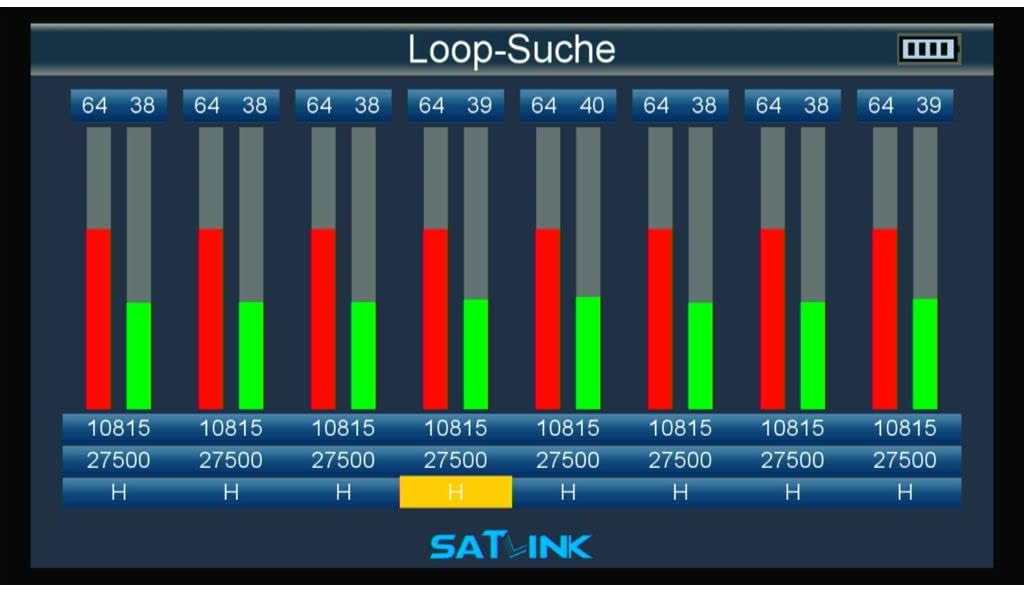 SATLINK WS 6916 Loop Search screen displaying signal strength bars for multiple transponders.