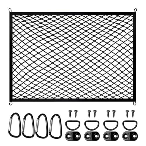 Gepäcknetz Elastisches Kofferraumnetz Heckklappennetz 80 x 60 cm Autogepäcknetz mit 4 Haken 4 Stahlkarabinerhaken und 4 Zugschlaufen Passend für die Meisten Automodelle
