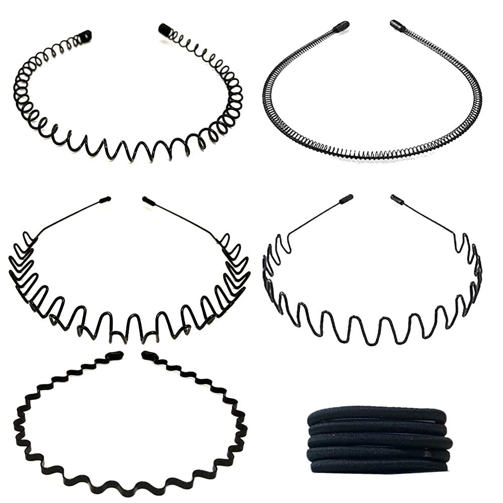5 Stück Metall Haarband, Etercycle Unisex Haarreif Welle Schwarz Frühling Haarreifen, 90er Damen Herren Headband Multi-Stil Hair Accessories mit 5 Elastischen Haarbändern für Tägliche Fitness