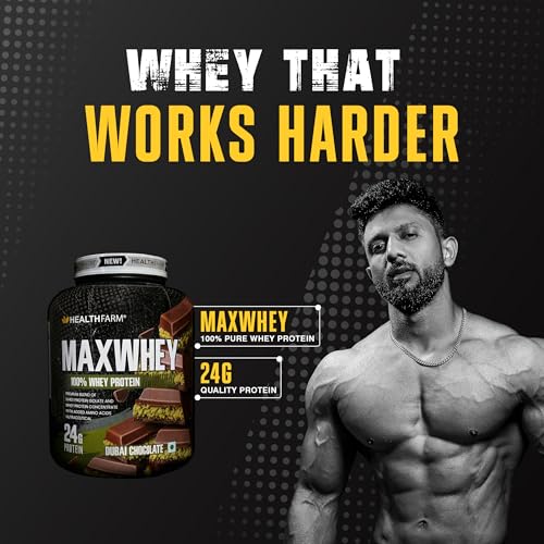 Image of Healthfarm MaxWhey Whey Protein Powder | 24g Protein | Fast Absorbing Protein (Dubai chocolate) 2kg