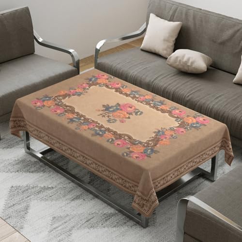 Image of Cloth Fusion Rectangular Velvet Floral Centre Table Cover Cloth, Table Cloth With Elegant Floral Pattern For Living Room (40x60 Inch, Fawn)
