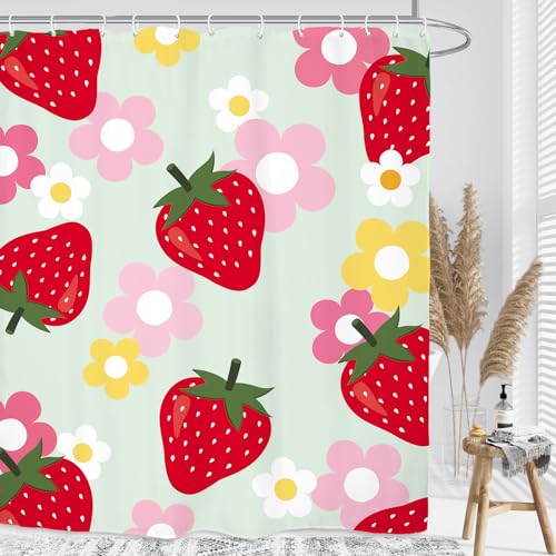 Kalmico Cute Strawberry Fruit Shower Curtain 60Wx72L Inch Girls Flower Y2K Green Red Funky Groovy Bathroom Set Accessories Decor Polyester Waterproof with 12 Pack Hooks