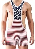 sandbank Men American Flag Wrestling Singlet Jockstrap Bodysuit Active Underwear (L, Red & Blue #2)