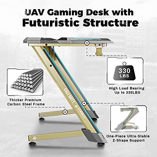 Image of EUREKA ERGONOMIC & Call of Duty UAV Gaming Desk, 45 inch Z Shaped Home Office PC Computer Gamer Table w /LED Light Projector Controller Stand & USB Charger Cup Holder Headset Hook Modern Warfare Mouse Pad