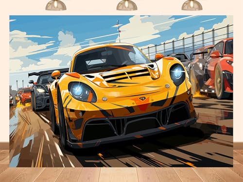 PEKRU 5x4ft Fabric Racing Sports Car Photography Backdrop, Yellow Orange Race Cars Racetrack Scene, for Birthday Party Wedding Video YouTube Product Photography
